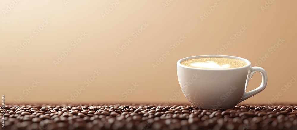 Aufkleber A cup of fragrant coffee with milk set against a backdrop of coffee beans. with copy space image. Place for adding text or design