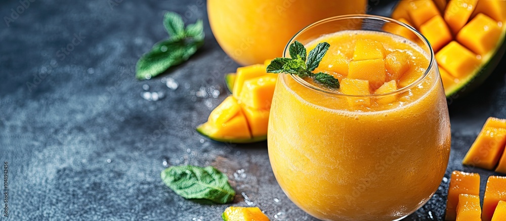 Aufkleber mango orange juice smoothie on a grey concrete table a refreshing healthy beverage. with copy space 