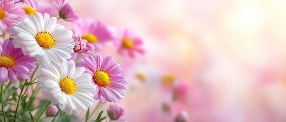 Fototapeta premium A vase filled with pink and white daisies against a pink and white background, their centers blooming yellow