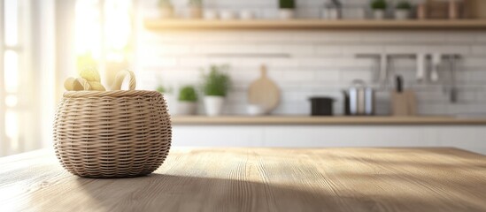 blurry kitchen interior featuring a basket on the table. with copy space image. Place for adding text or design