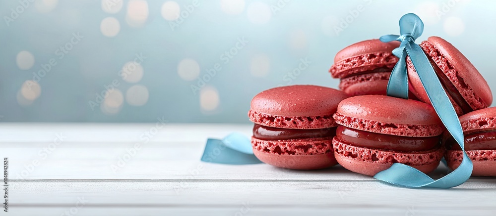 Leinwandbilder red macarons adorned with a blue ribbon on a white wooden table. with copy space image. place for ad