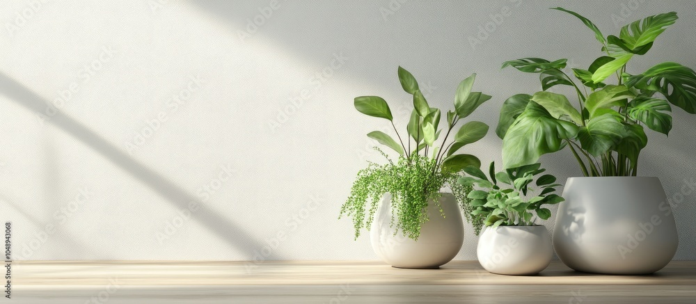 Leinwandbilder Green houseplants on a table in front of a light background. with copy space image. Place for adding text or design