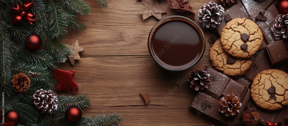Poster Cozy Christmas arrangement featuring cacao and a homemade cookie. with copy space image. Place for adding text or design