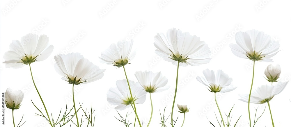 Poster studio shot of white cosmos flowers set against a white background large depth of field dof macro. w