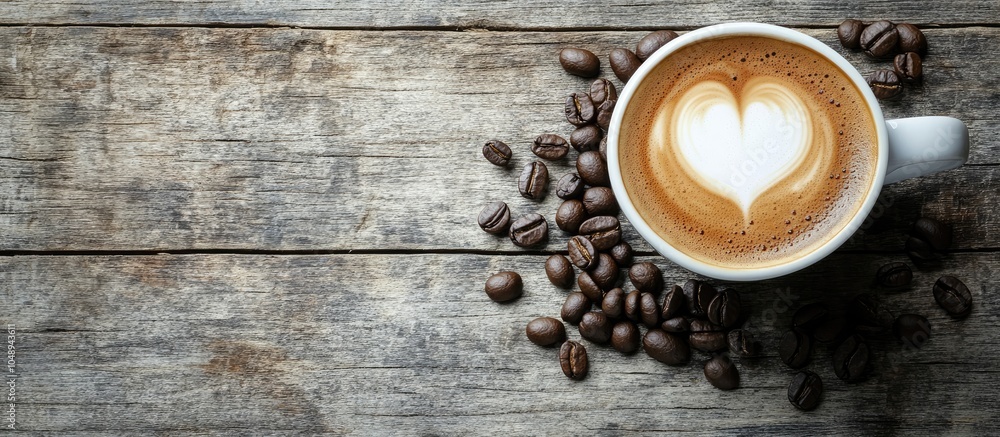 Aufkleber Cup of latte coffee featuring a heart shape accompanied by coffee beans on a weathered wooden surface. with copy space image. Place for adding text or design