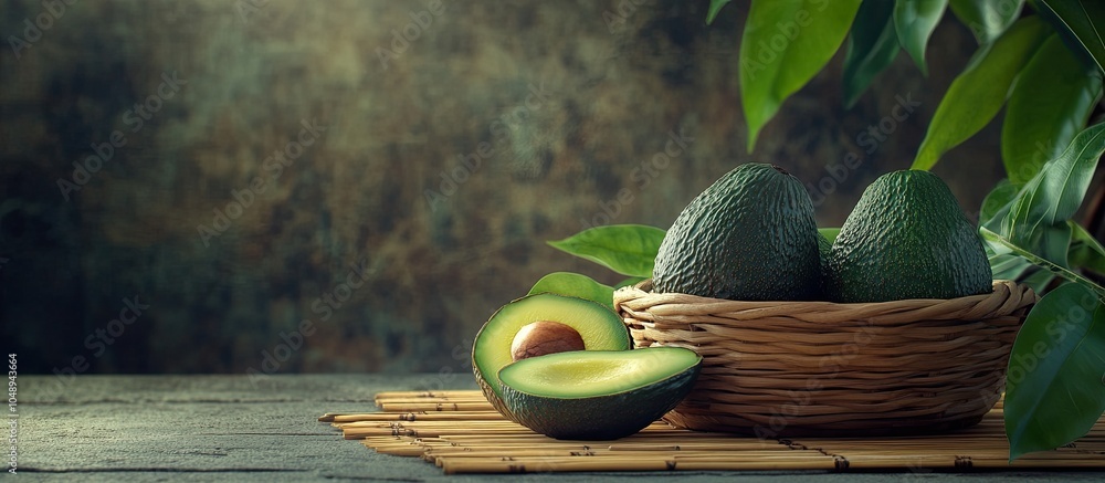Poster avocado in a wooden basket and another item on a bamboo table situated on green gram with a rustic w