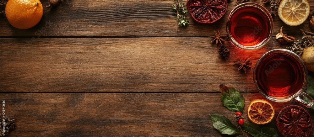 Aufkleber top view of red tea and its ingredients with copyspace on a wooden tabletop