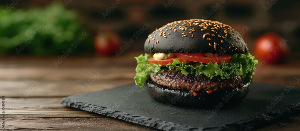Aufkleber Slate plate with a black burger on the table Area for text. with copy space image. Place for adding text or design