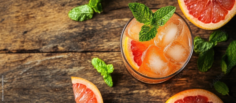 Aufkleber glass of a refreshing drink featuring grapefruit and mint on a wooden table top view copyspace avail