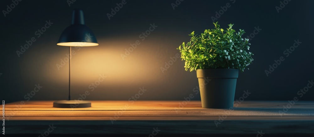 Poster Close up of the green plant pot placed on the wooden working table illuminated by the lamp light. with copy space image. Place for adding text or design