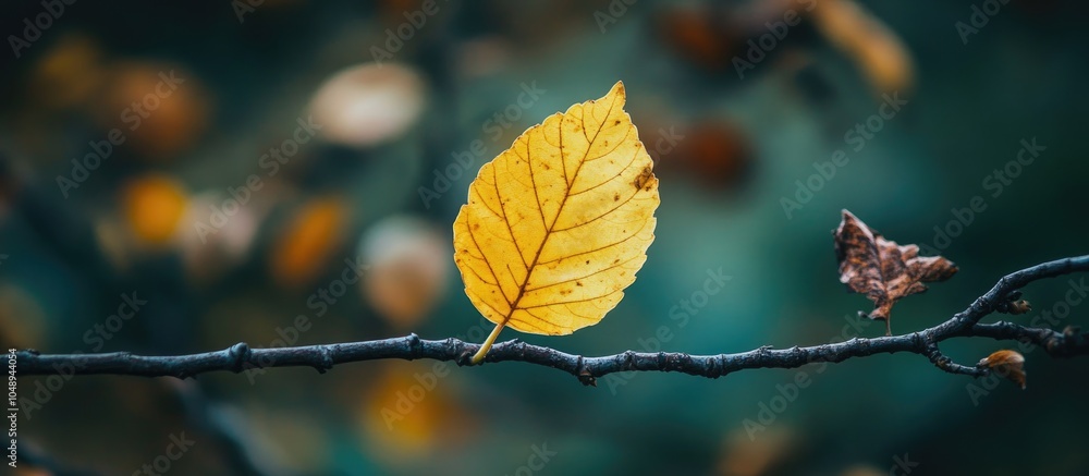 Fototapete a vibrant yellow autumn leaf on a branch amid withered leaves with greenery in the background depict