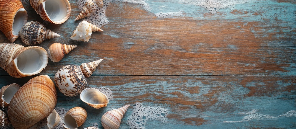Poster Seashells surround wood Oceanic backdrop. with copy space image. Place for adding text or design