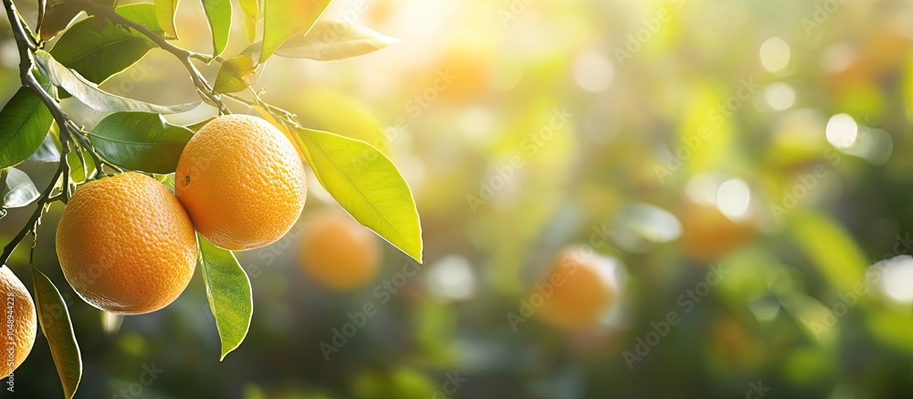 Poster oranges mature on a branch of a tree natural backdrop with selective focus and copyspace for text