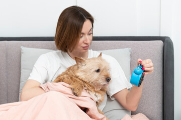 Woman holding alarm clock and demonstrating it to her dog. Cute dog trying to wake up it owner at early morning. Walk the dog concept