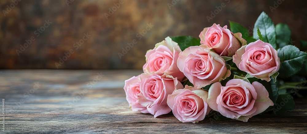 Poster bouquet of pink roses on a wooden table with copy space ideal for a greeting card soft style for the