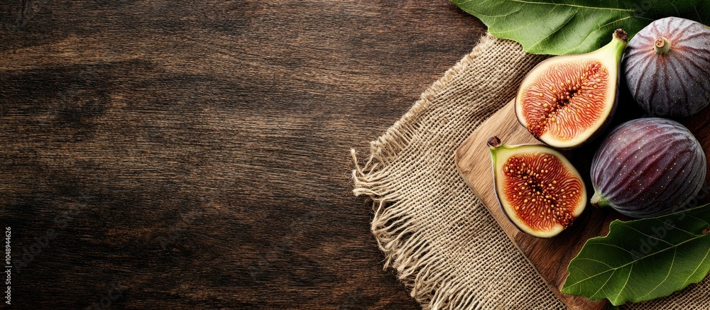 Poster image of figs with a slice and leaves on burlap alongside a wooden board. with copy space image. pla
