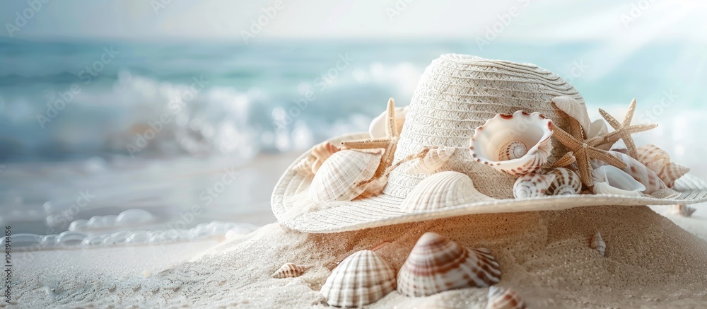 Poster Beach hat adorned with sea shells and sand concept of a seaside vacation. with copy space image. Place for adding text or design