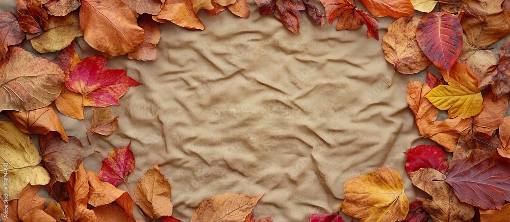 Leinwandbilder Creative arrangement of leaves Circular frame of autumn leaves on a wrinkled fabric background with copyspace for your text