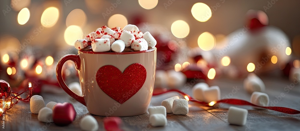 Poster hot chocolate topped with marshmallows a red heart on the cup sitting on a table adorned with winter