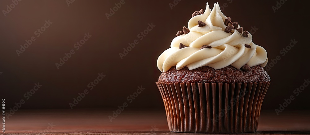 Aufkleber chocolate cupcake topped with cream against a dark background. with copy space image. place for addi