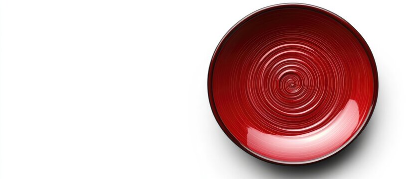 Red ceramic plate featuring a spiral design on a white background Top view with copy space