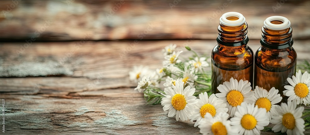 Poster Bottles of chamomile essential oil and flowers on a wooden table with space for text. with copy space image. Place for adding text or design