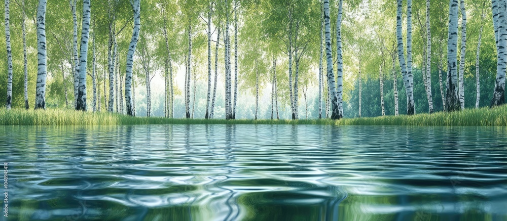 Poster reflection of a birch grove on the lake with ripples. with copy space image. place for adding text o