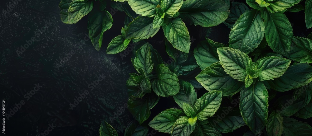 Fototapete Marsh mint leaves on a dark background. with copy space image. Place for adding text or design