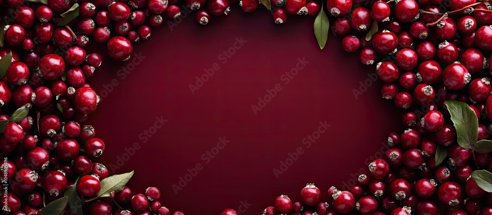 Poster Ripe forest lingonberries are arranged in a circular pattern on a burgundy backdrop. with copy space image. Place for adding text or design