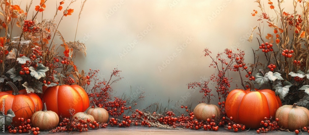 Poster fall backdrop featuring orange red and green pumpkins along with snowberry decorations for social me