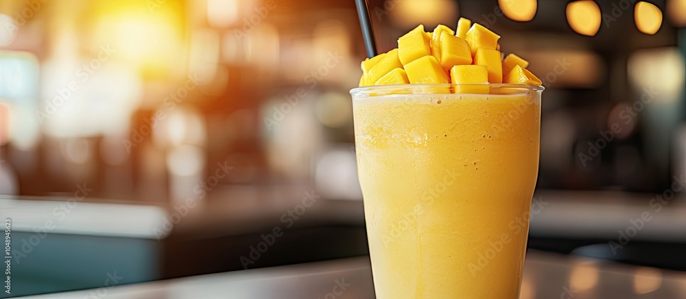 Aufkleber closeup macro of a mango smoothie drink in a restaurant featuring copy space