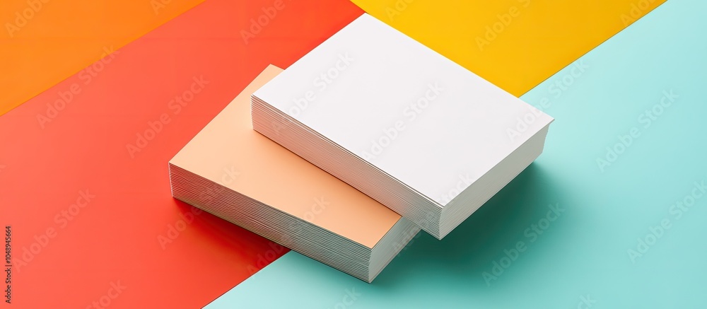 Poster blank business cards mockup set against a colored background flat lay copyspace for text