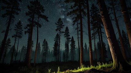 Obraz premium A mesmerizing night scene in a dense forest, with towering trees silhouetted against a starry sky. The Milky Way stretches across the horizon, illuminating the shadowy landscape.