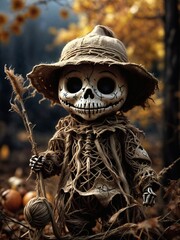 Charming yet spooky Halloween decoration featuring a skeleton scarecrow with a detailed painted skull face and tattered burlap clothing. Set against autumn foliage, creating a perfect scene.