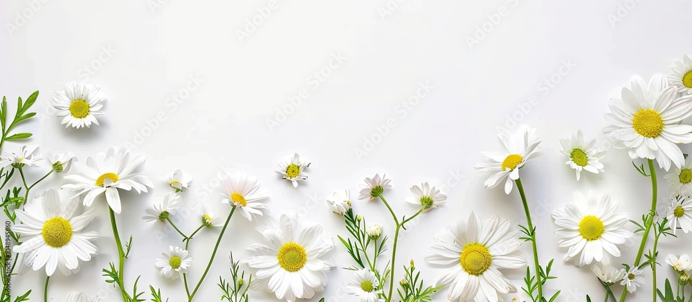 Aufkleber Flat lay arrangement featuring blooming daisies and blank space for text on a white background Spring flowers. with copy space image. Place for adding text or design