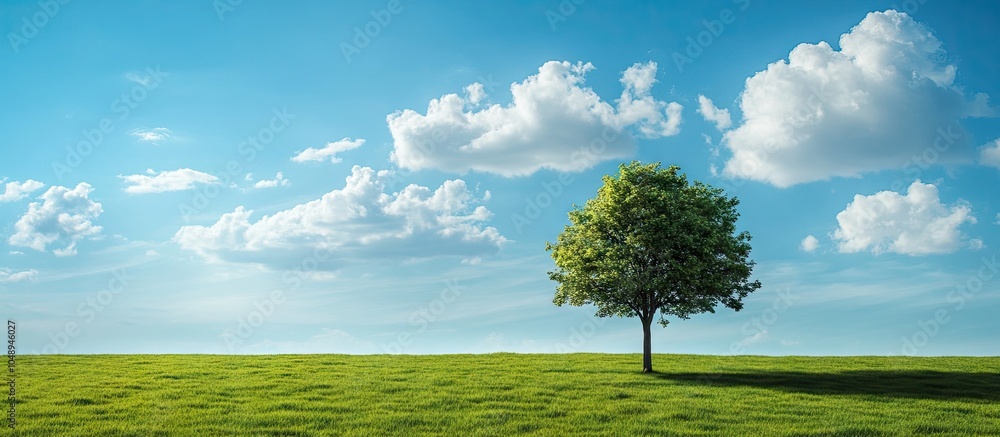 Poster a lone tree in a green meadow under a blue sky with white clouds. with copy space image. place for a