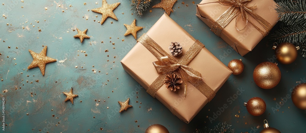 Aufkleber a package covered in brown paper is placed on paper featuring golden stars surrounded by christmas d