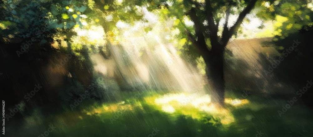 Poster blurred image of sunlight filtering through the leaves of trees in the yard. with copy space image. 
