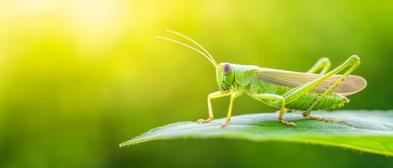 Fototapeta premium A tight shot of a grasshopper atop a leaf, sun rays filtering through the background foliage