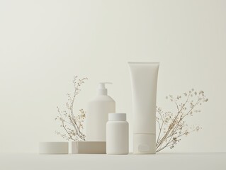 Aesthetic display of skincare jars and bottles featuring subtle floral designs, surrounded by dried botanicals, emphasizing a natural and eco-friendly concept