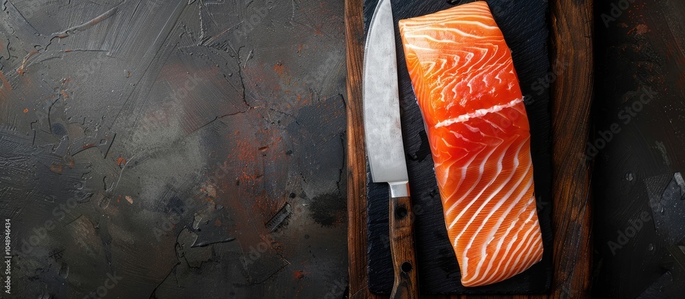Poster fresh raw salmon fillet on a cutting board with a knife black background top view copy space