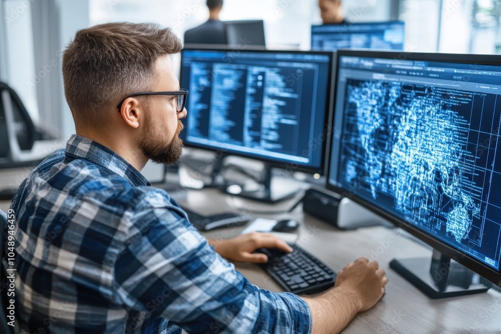 Poster young professional working on multiple computer screens in a modern office during the day