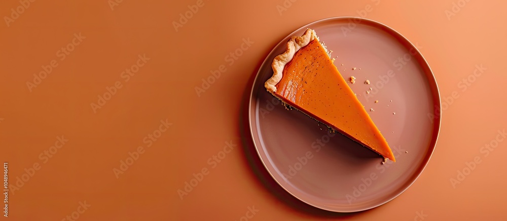 Poster Plate with a slice of delicious pumpkin pie on a colored background. with copy space image. Place for adding text or design
