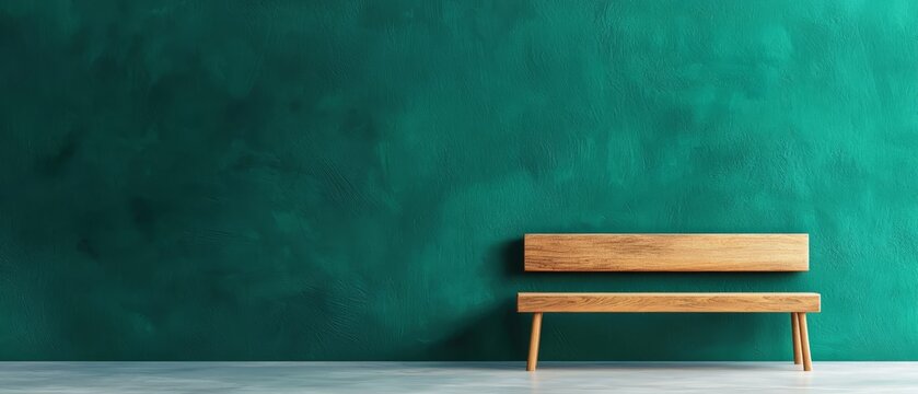  A wooden bench in front of a green wall One side holds a single bench, the other, a second wooden bench