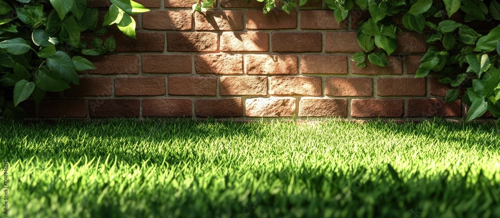 Fototapete lush green grass and a red brick structure. with copy space image. place for adding text or design