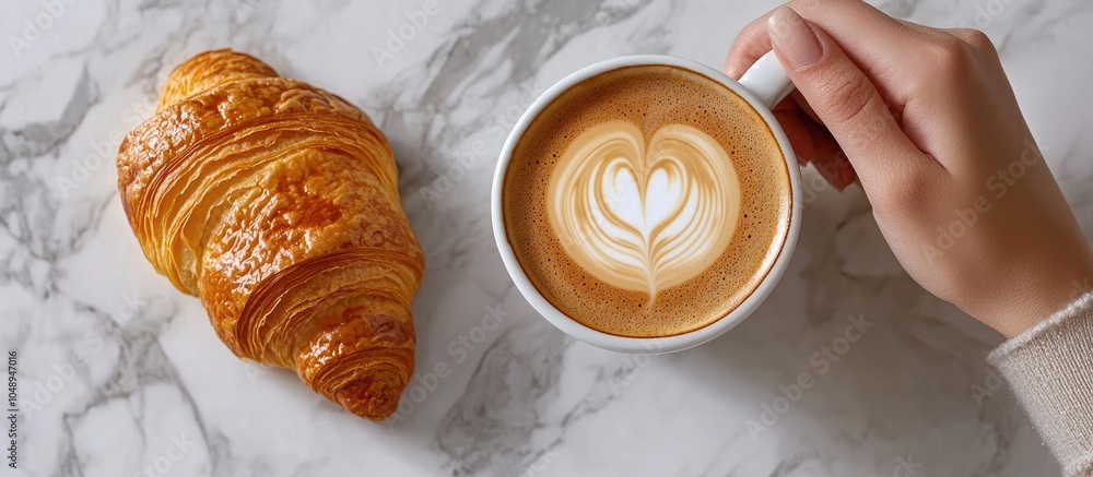 Poster top view of a cappuccino and croissant with egg cream a woman s hand enjoying breakfast heart shape 