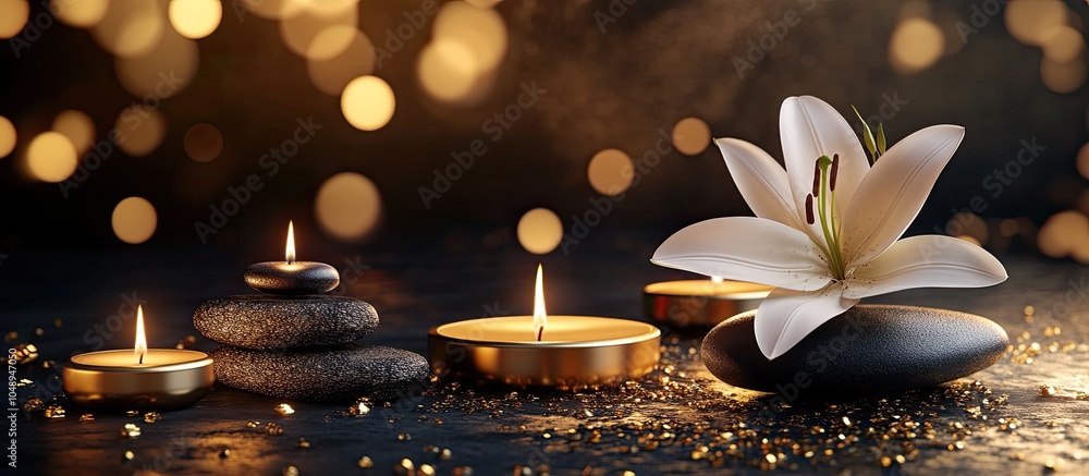 Poster A beautiful arrangement featuring a white lily lit candles and a stack of stones in gold and black hues. with copy space image. Place for adding text or design