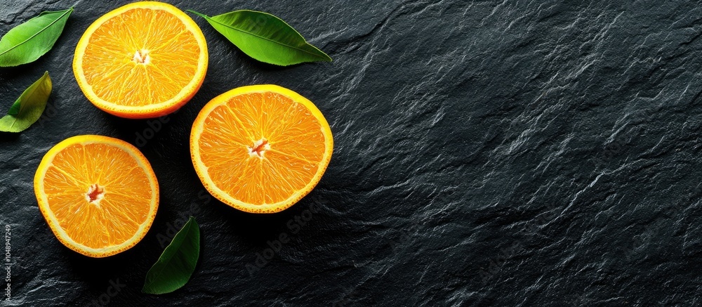 Leinwandbilder halves and slices of fresh juicy oranges atop a black textured background. with copy space image. pl
