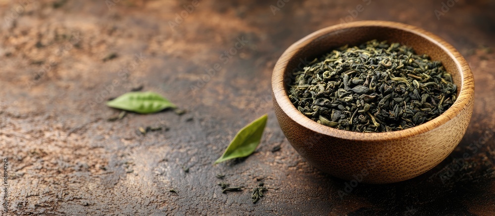 Poster dried organic green oolong tea in a wooden bowl. with copy space image. place for adding text or des
