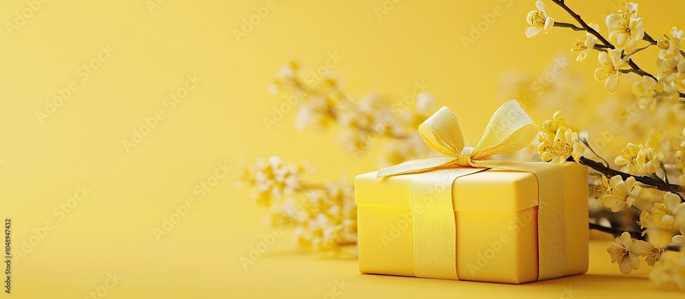 Poster spring present on a yellow backdrop. with copy space image. Place for adding text or design